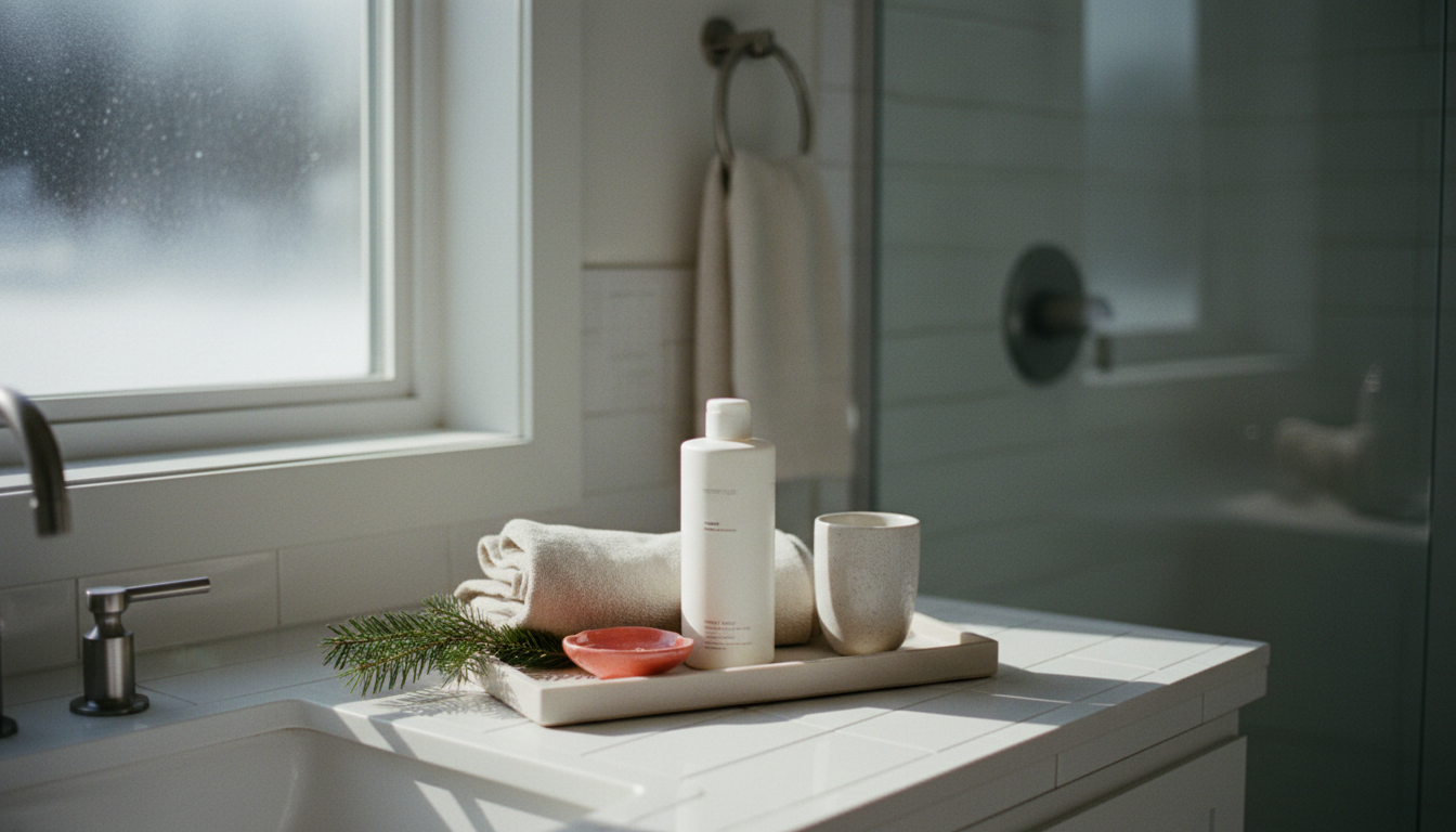 A calm bathroom shelf with cleanser and folded towels