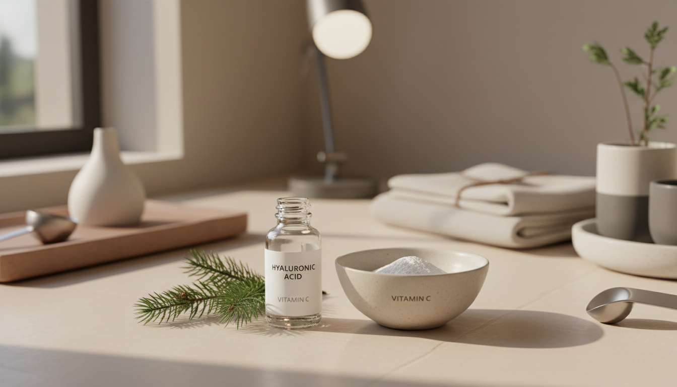 A serum bottle beside a ceramic bowl on a pale counter