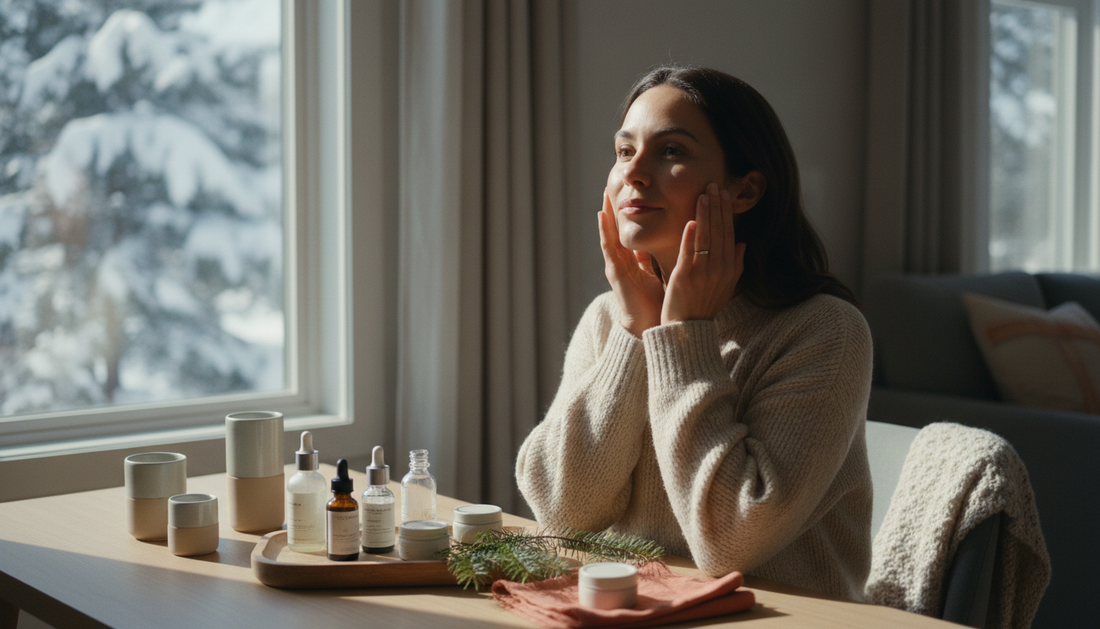 A woman applying serum at a bright window
