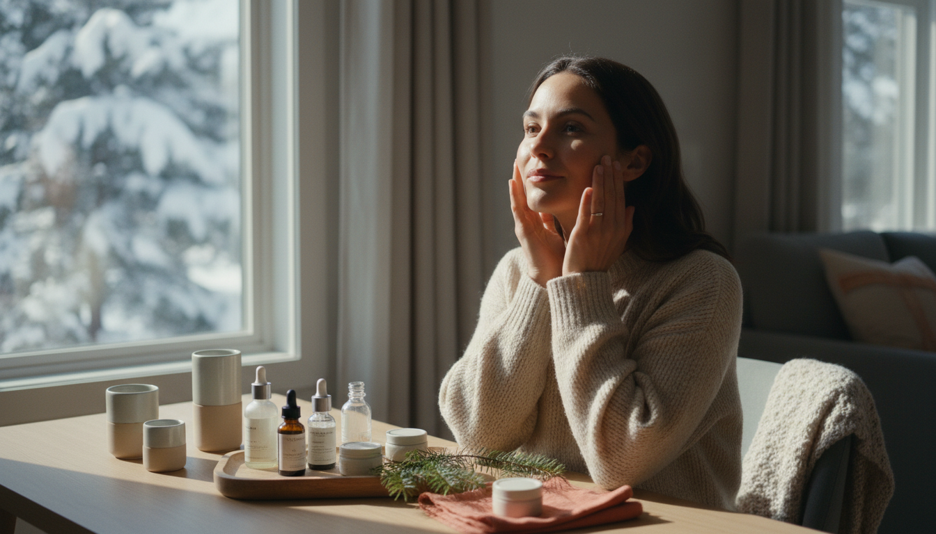 A woman applying serum at a bright window