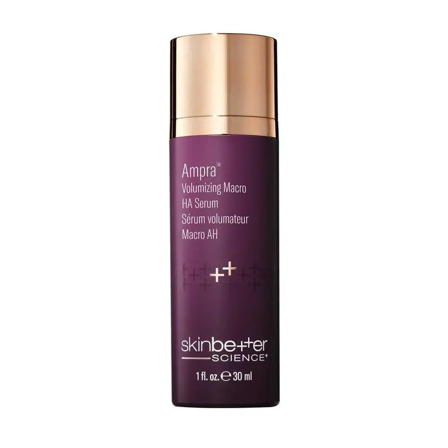 Skinbetter Science Ampra Volumizing Macro HA Serum in purple bottle with gold cap.