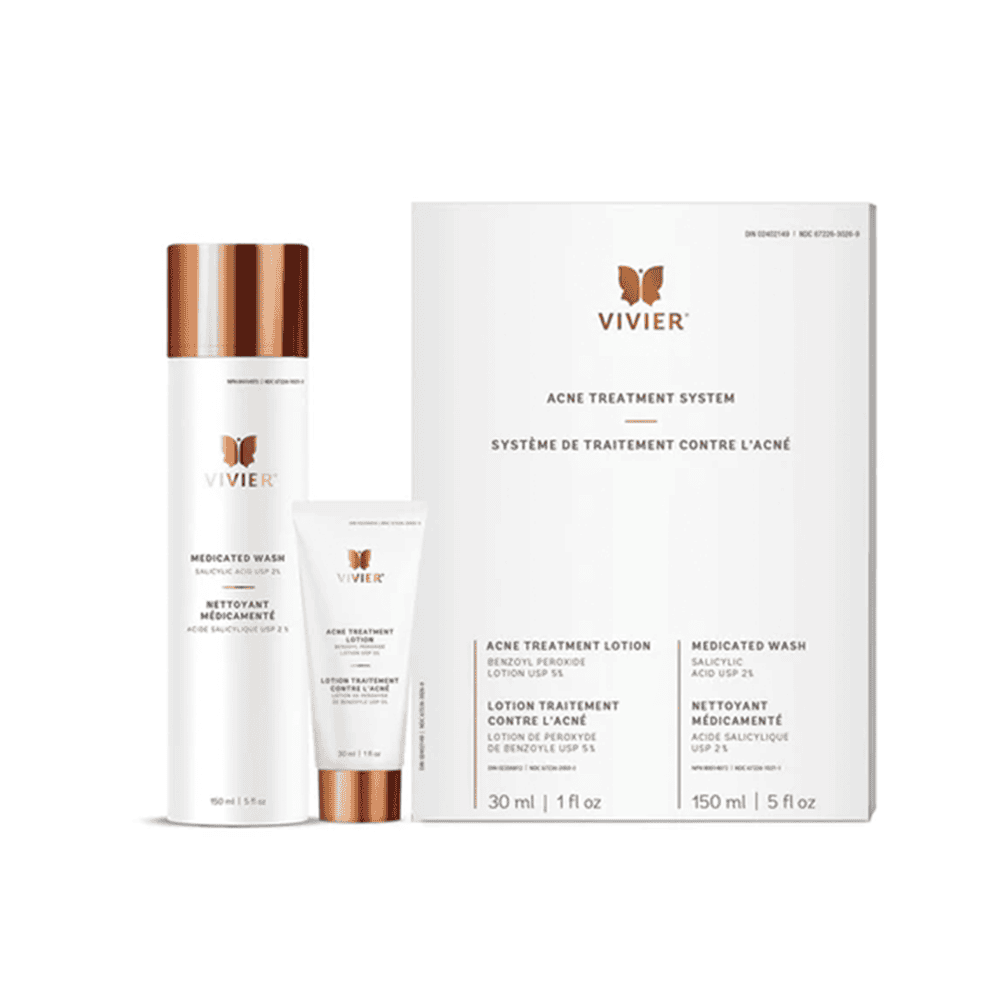 Vivier acne treatment system with medicated wash and lotion for clearer skin.