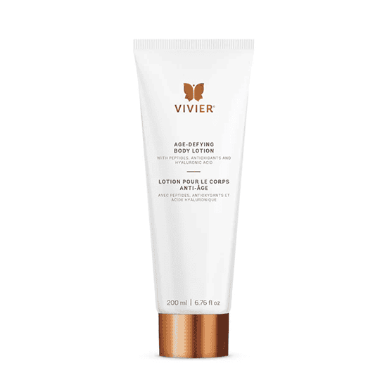 Vivier age-defying body lotion with antioxidants and hyaluronic acid for youthful skin.
