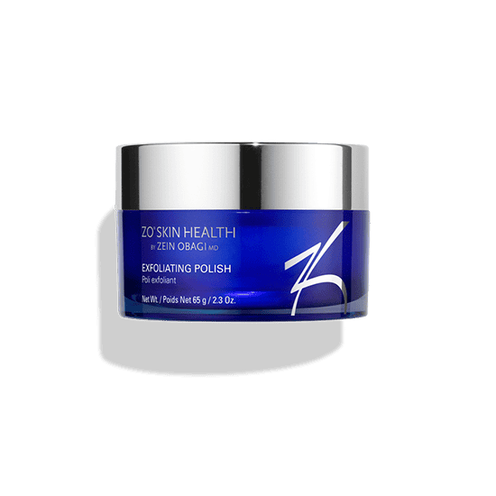 ZO Skin Health exfoliating facial polish in blue jar with silver lid, ideal for skincare routines.