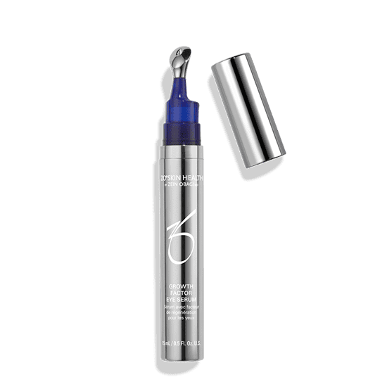 Skin health eye serum in a sleek silver bottle with blue applicator for anti-aging benefits.