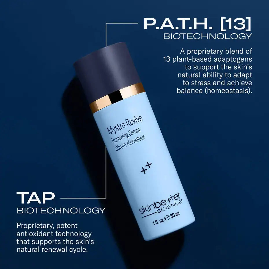 Revitalizing skincare serum with biotechnology and plant-based adaptogens.
