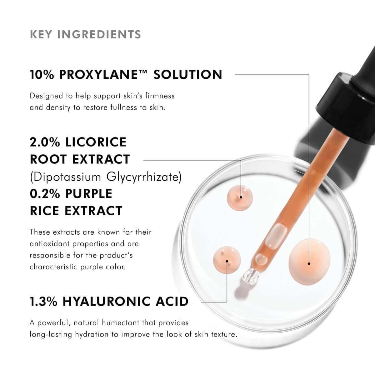 High-quality skincare serum featuring Proxylane, Licorice Root Extract, Purple Rice Extract, and Hya.