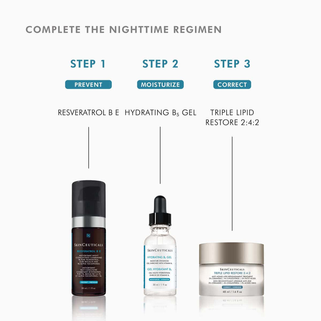 Night skincare routine with hydrating serum and triple lipid moisturizer for healthy skin.