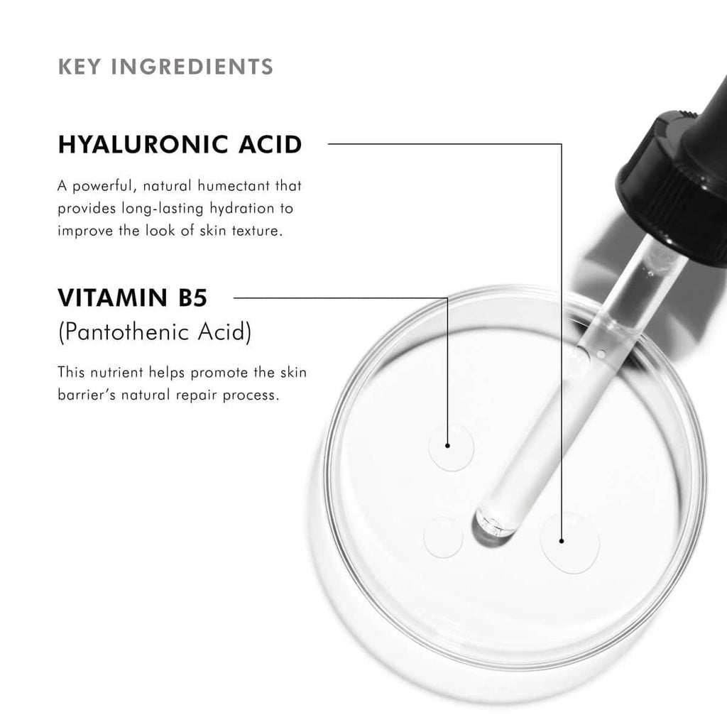 Close-up of hyaluronic acid and vitamin B5 serum in a petri dish with dropper.
