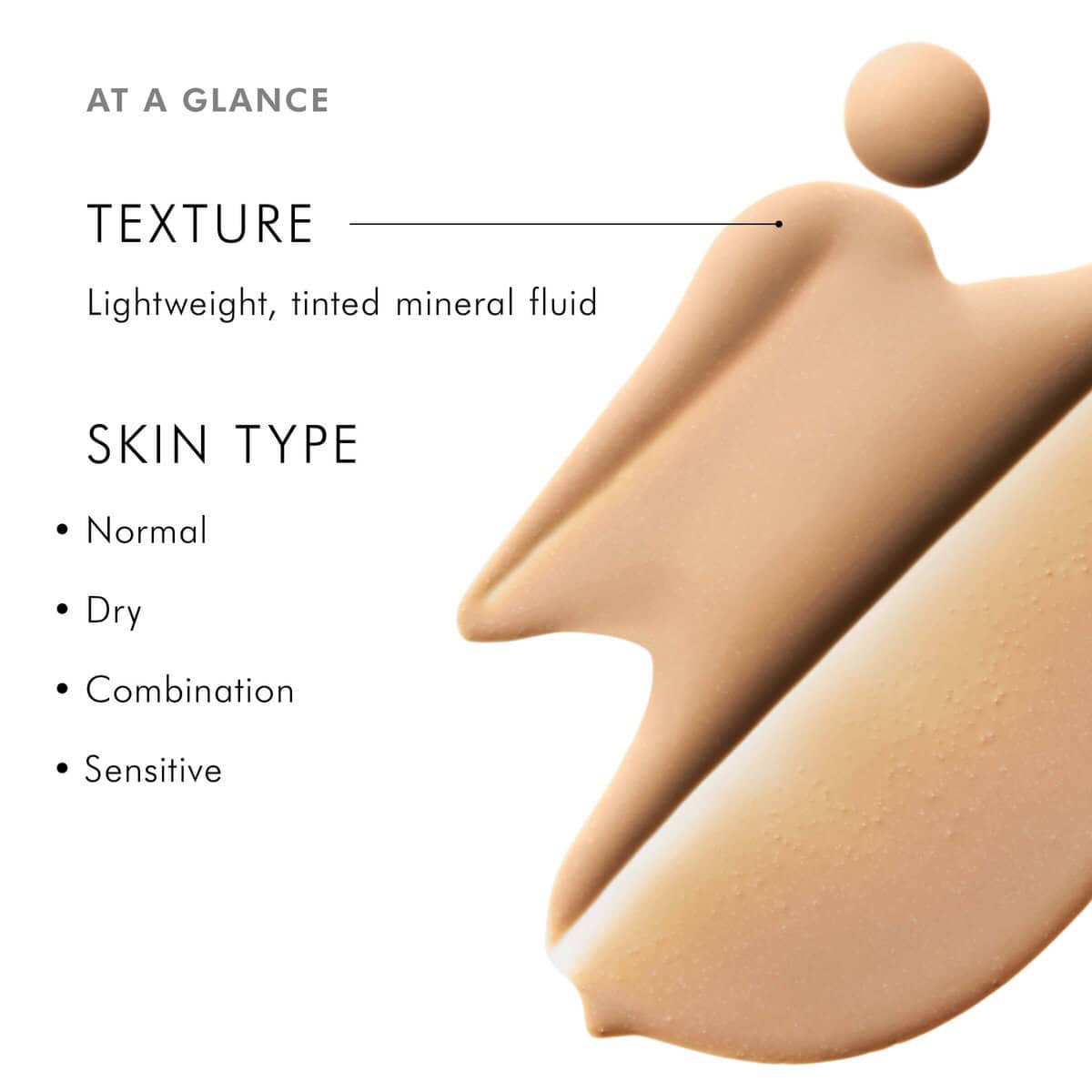 Tinted mineral fluid sample for skincare, lightweight and suitable for all skin types.