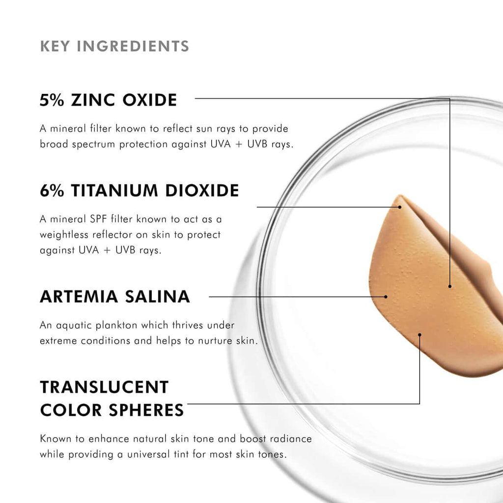 Close-up of skincare product with key ingredients like zinc oxide, titanium dioxide, and Artemia sal.