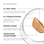 Close-up of skincare product with key ingredients like zinc oxide, titanium dioxide, and Artemia sal.