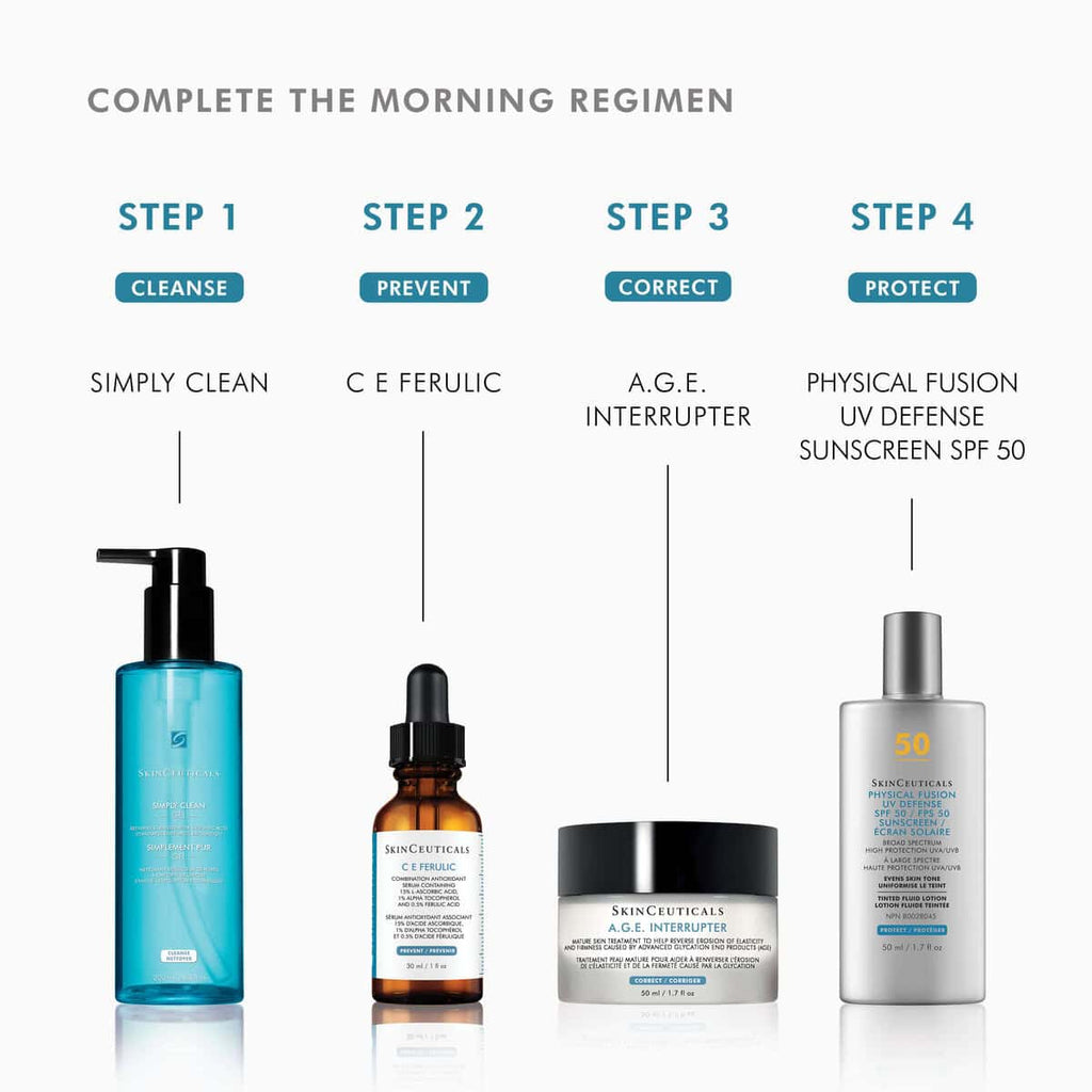Skincare products for morning routine including cleanser, serum, moisturizer, and SPF protection.