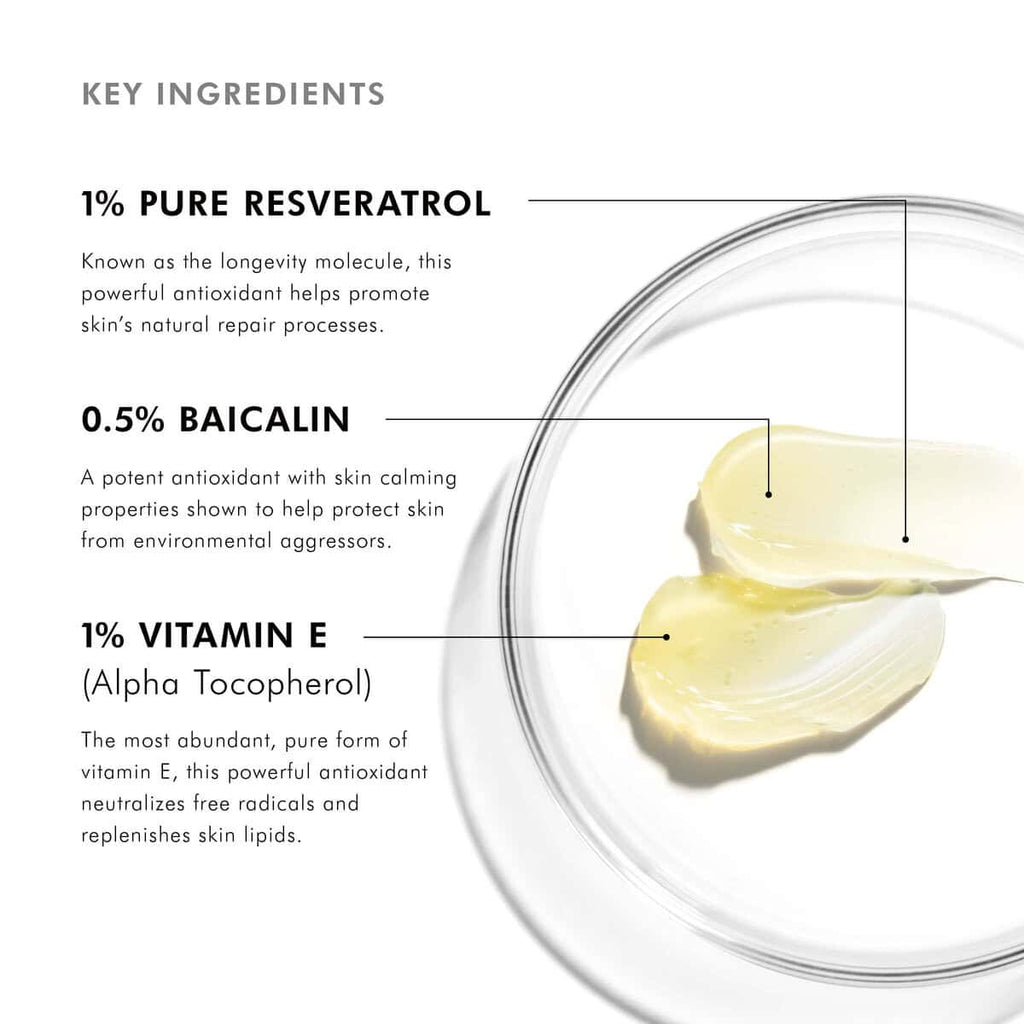 Close-up of skin supplement ingredients with resveratrol, baicalin, and vitamin E.