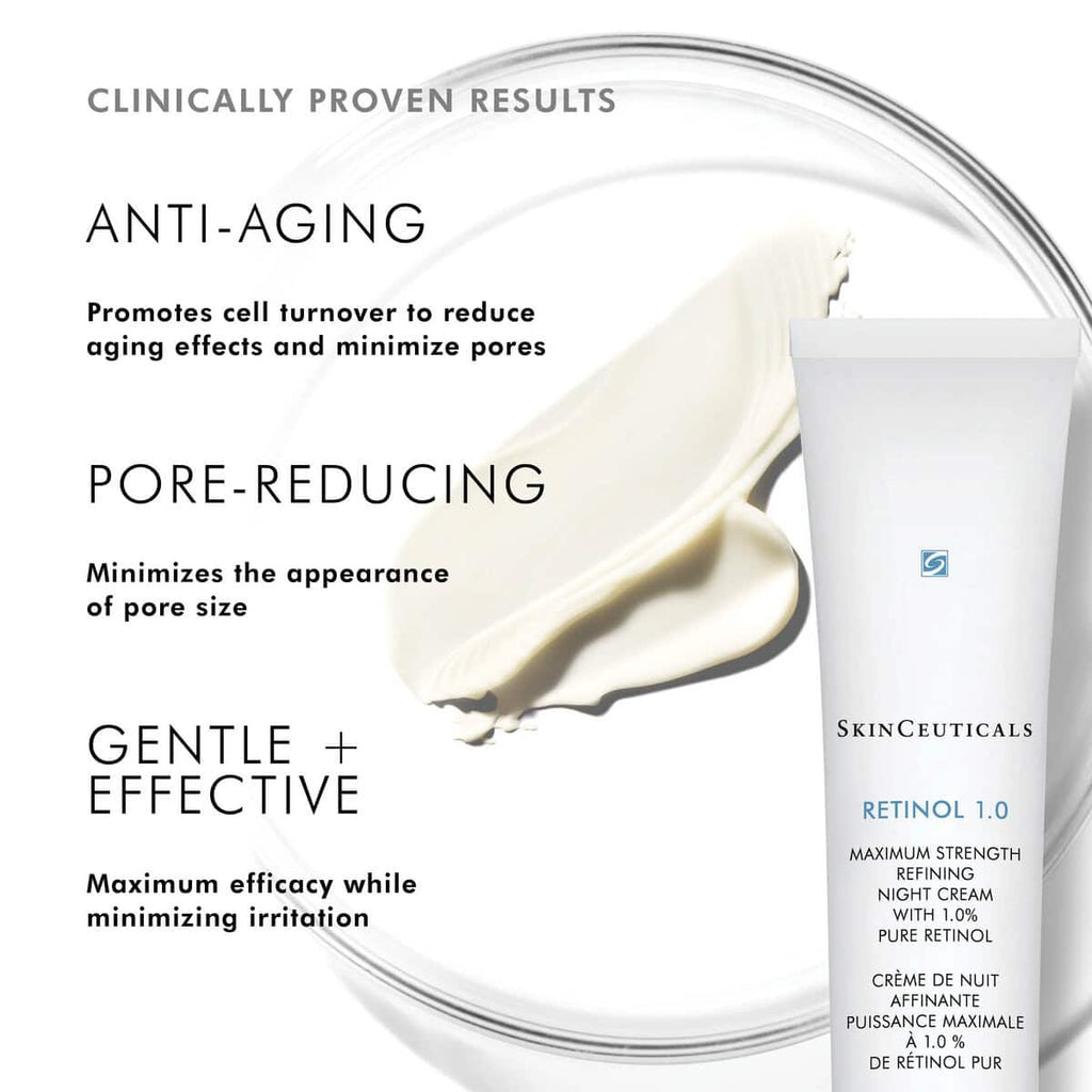 SkinCeuticals Retinol 1.0 night cream for anti-aging and pore reduction.