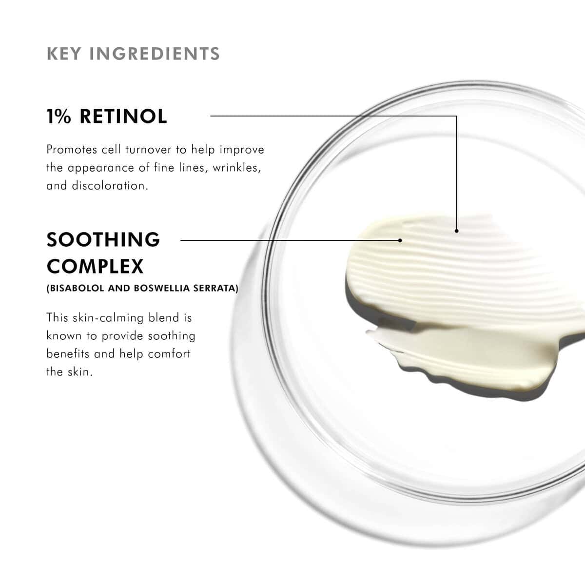 Close-up of skincare cream with retinol and soothing complex ingredients.