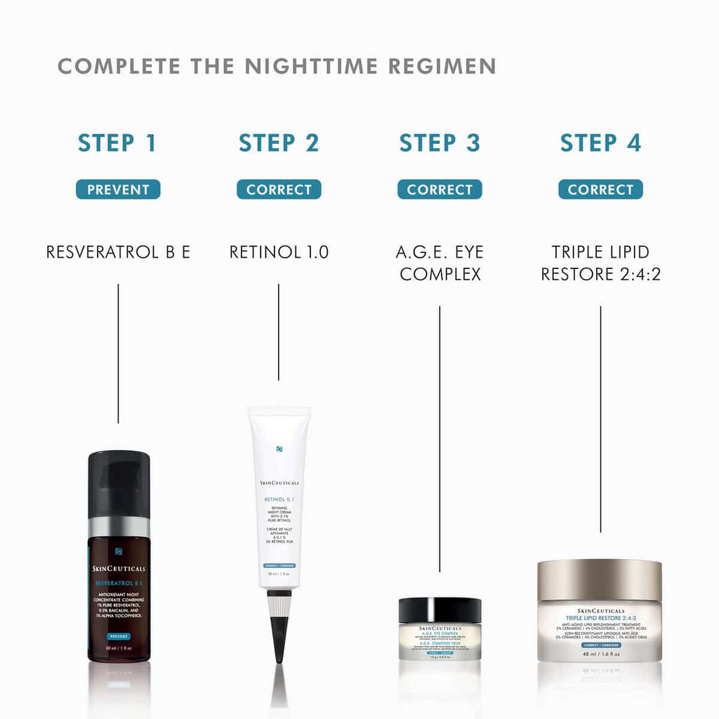 Resveratrol and retinol skincare products for nighttime skin renewal and anti-aging.