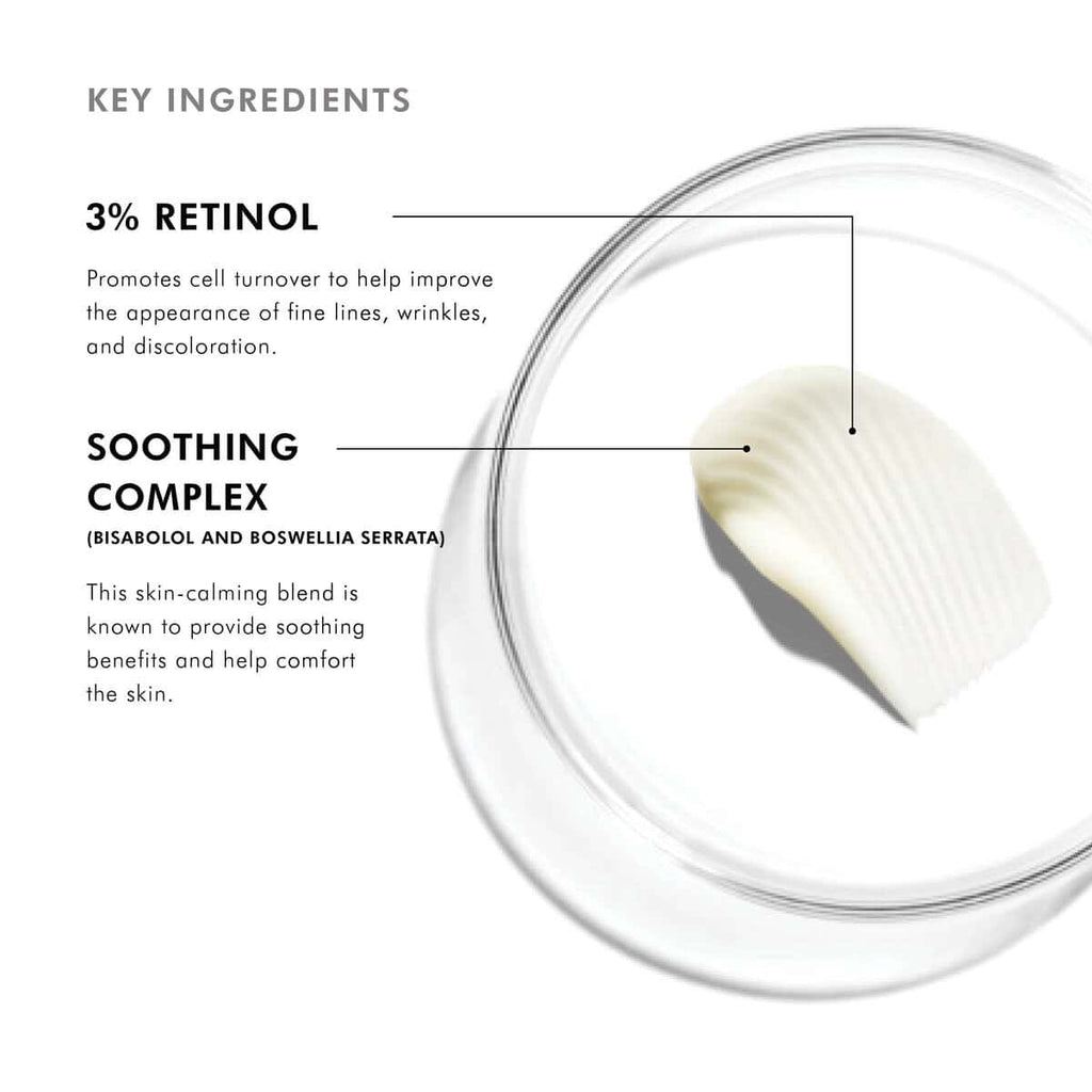 Cream with retinol and soothing complex for skin rejuvenation and calming benefits.