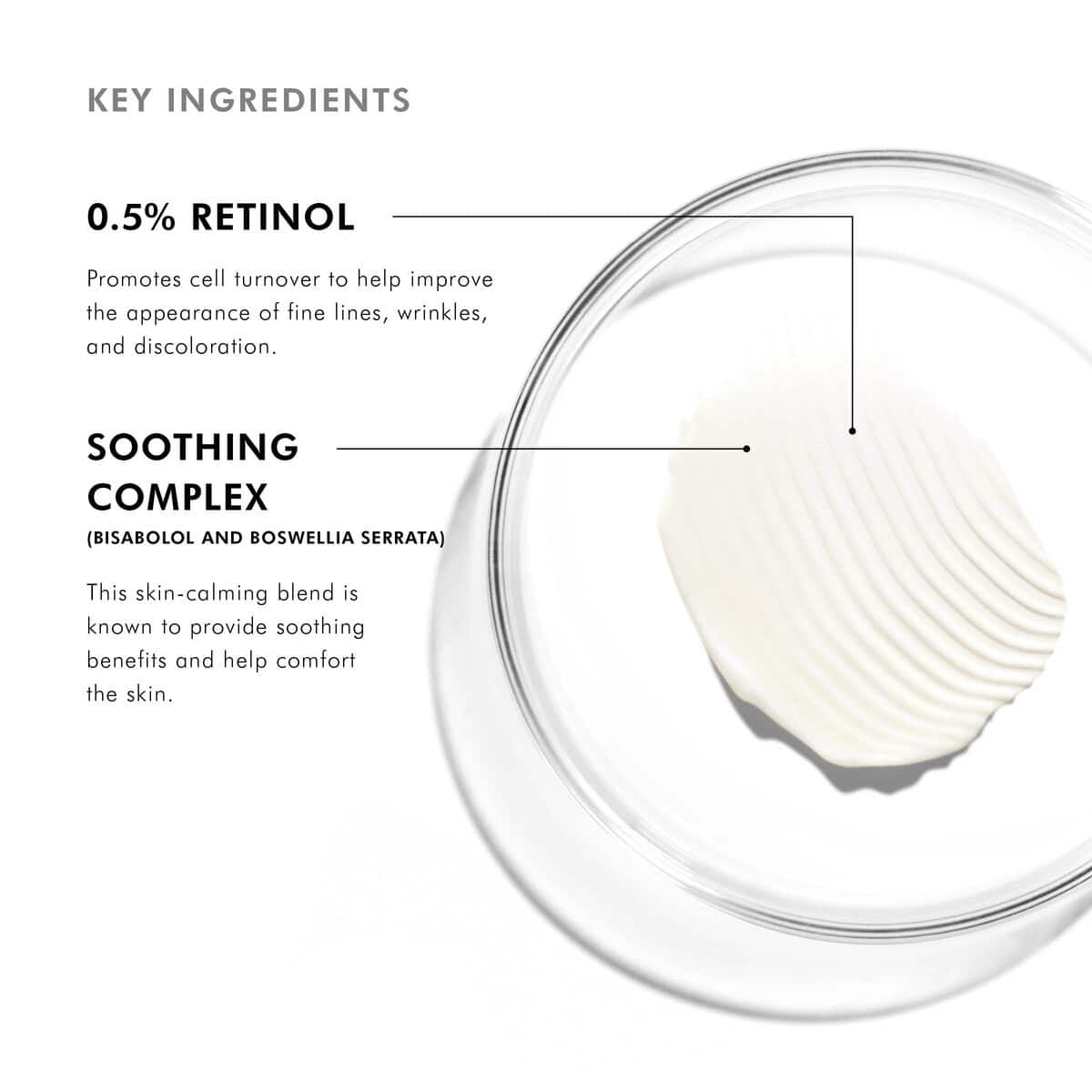 Retinol & soothing complex cream for skin rejuvenation and calming benefits.