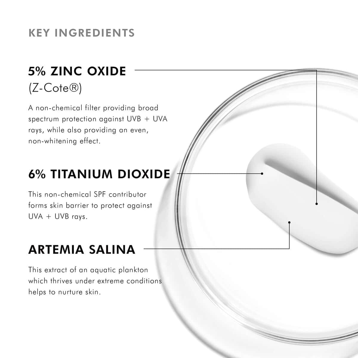 Close-up of skincare product with zinc oxide, titanium dioxide, and Artemia salina ingredients.