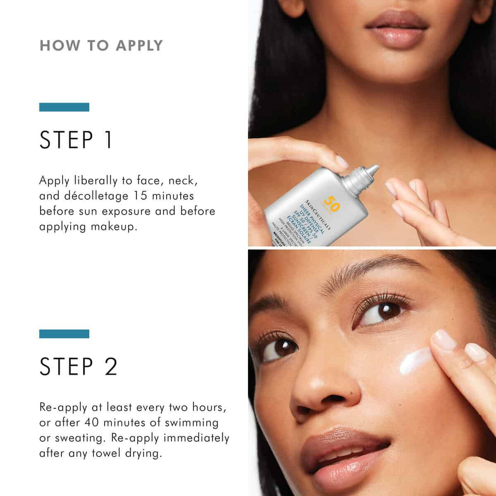 Woman applying SPF sunscreen on face for sun protection.