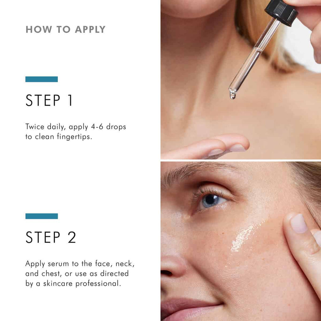 Skincare application with serum on face, close-up of woman applying skincare product.