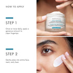 Woman applying hydrating face moisturizer on cheek, skincare product for normal to oily skin.