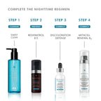 Nighttime skincare routine with cleansing, prevention, correction, and renewal products.