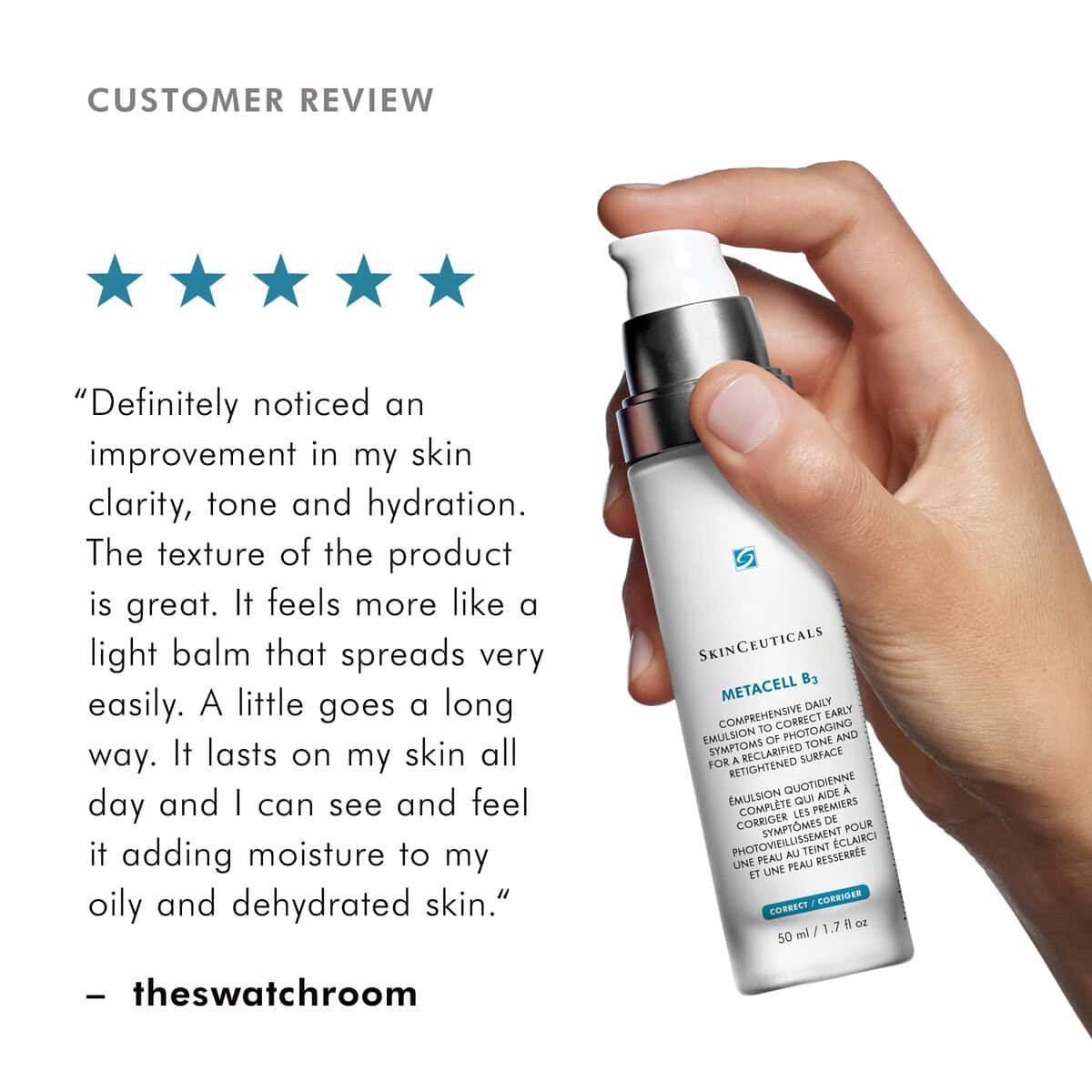Hand holding SkinCeuticals Hydrating Skin Care Serum bottle for glowing skin.