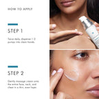 Close-up of woman applying moisturizer to her face with a pump bottle.