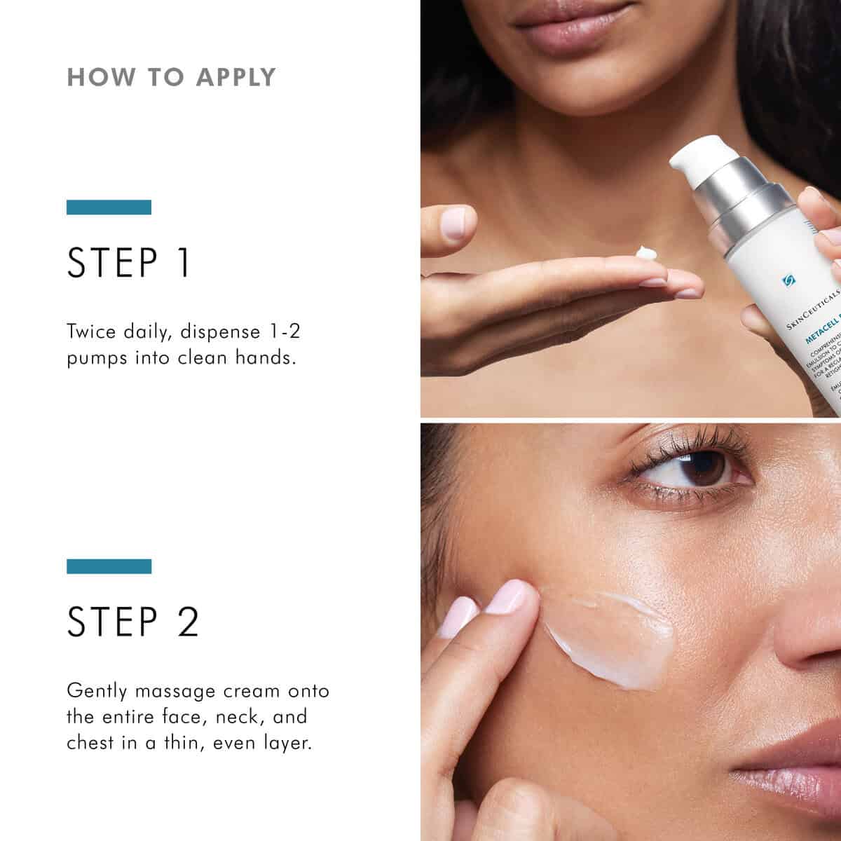 Close-up of woman applying moisturizer to her face with a pump bottle.