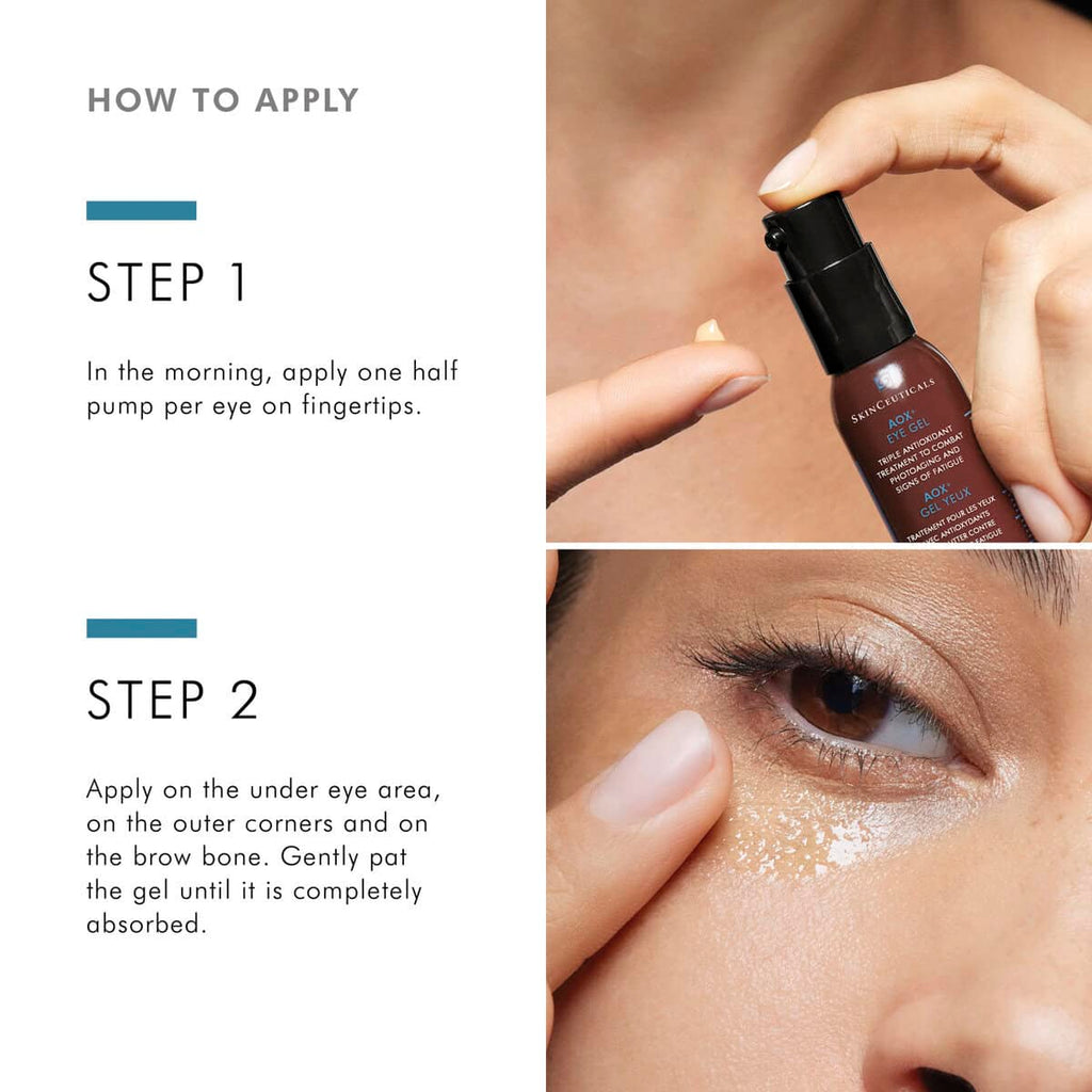 Woman applying hydrating eye serum with dropper for skincare.