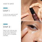 Woman applying hydrating eye serum with dropper for skincare.