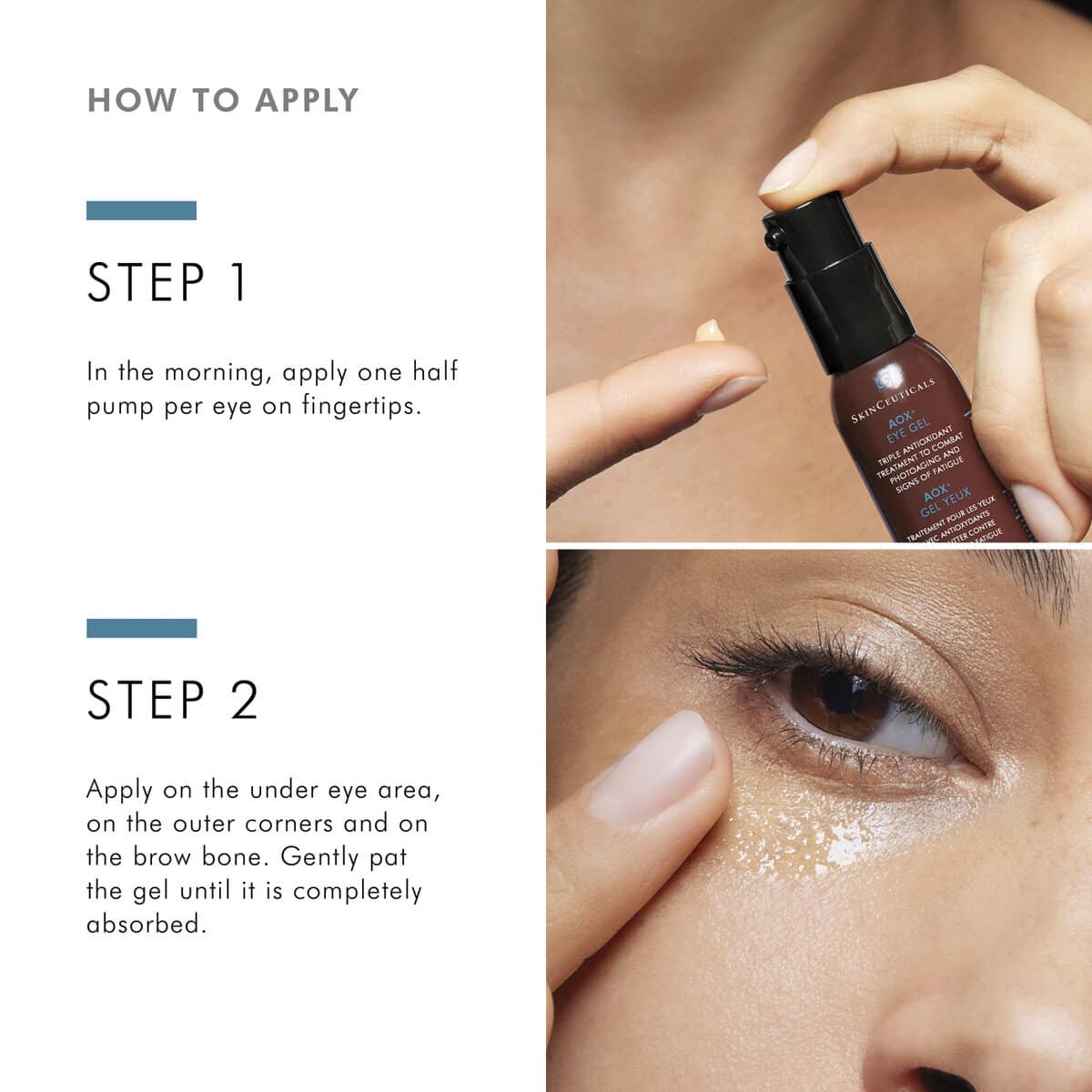 Woman applying hydrating eye serum with dropper for skincare.