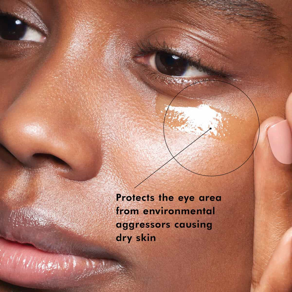 Close-up of a woman applying skincare cream to dry skin under her eye.