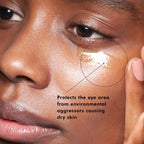 Close-up of a woman applying skincare cream to dry skin under her eye.