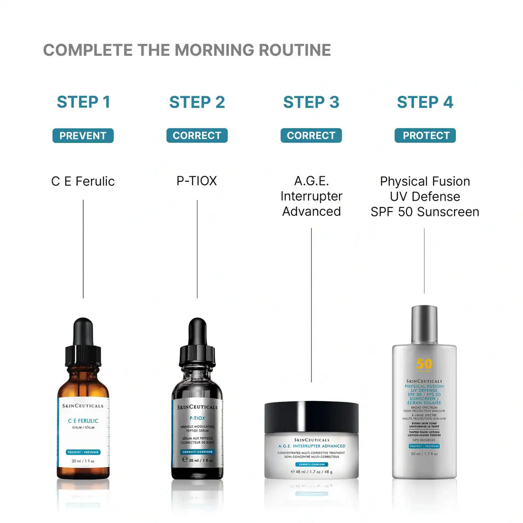 SkinCeuticals C E Ferulic, P-TIX, A.G.E. Interrupter, and UV Defense.