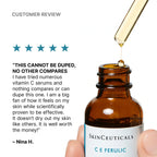 Close-up of SkinCeuticals C E Ferulic serum bottle with dropper.