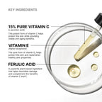 Vitamin C serum with key ingredients in a glass dish with dropper.