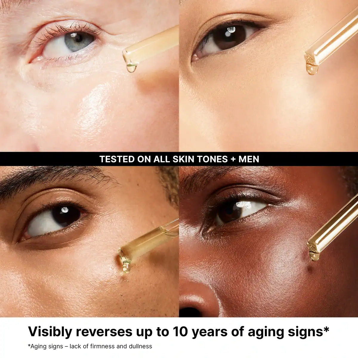 Skincare serum dropper with diverse skin tones showing benefits of C E Ferulic.