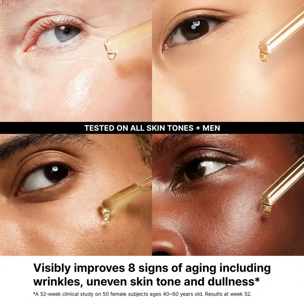 Skincare serum drops on diverse skin tones for anti-aging benefits.