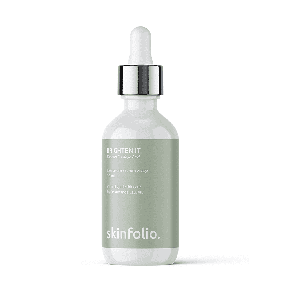 Skinfolio Brighten It Vitamin C and Kojic Acid serum in a dropper bottle.