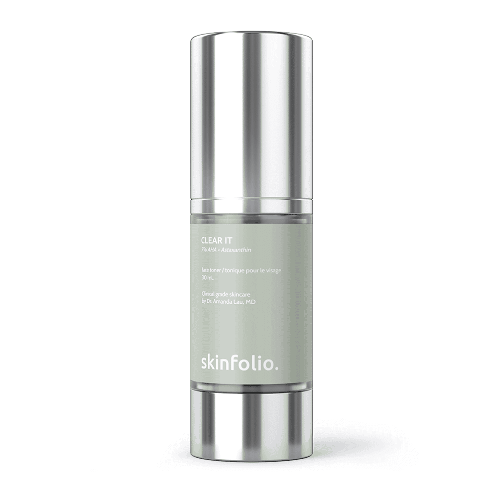 Skinfolio Clear It toner for acne, pores, and skin clarity, 30ml bottle.
