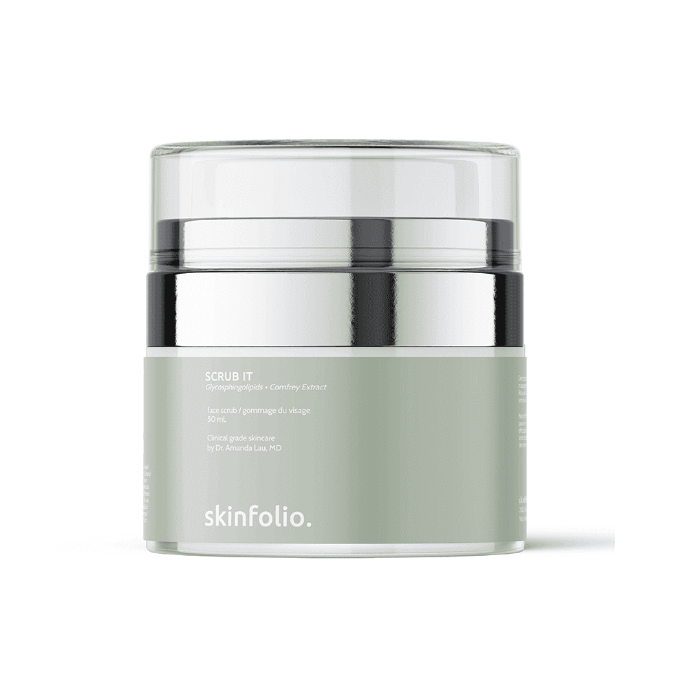 SkinFolio face exfoliation scrub jar for healthy skin.