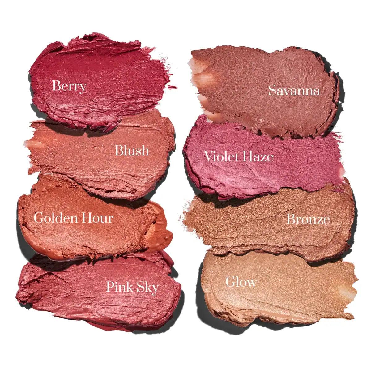 Colorful blush makeup swatches in pink, peach, bronze, and nude tones.