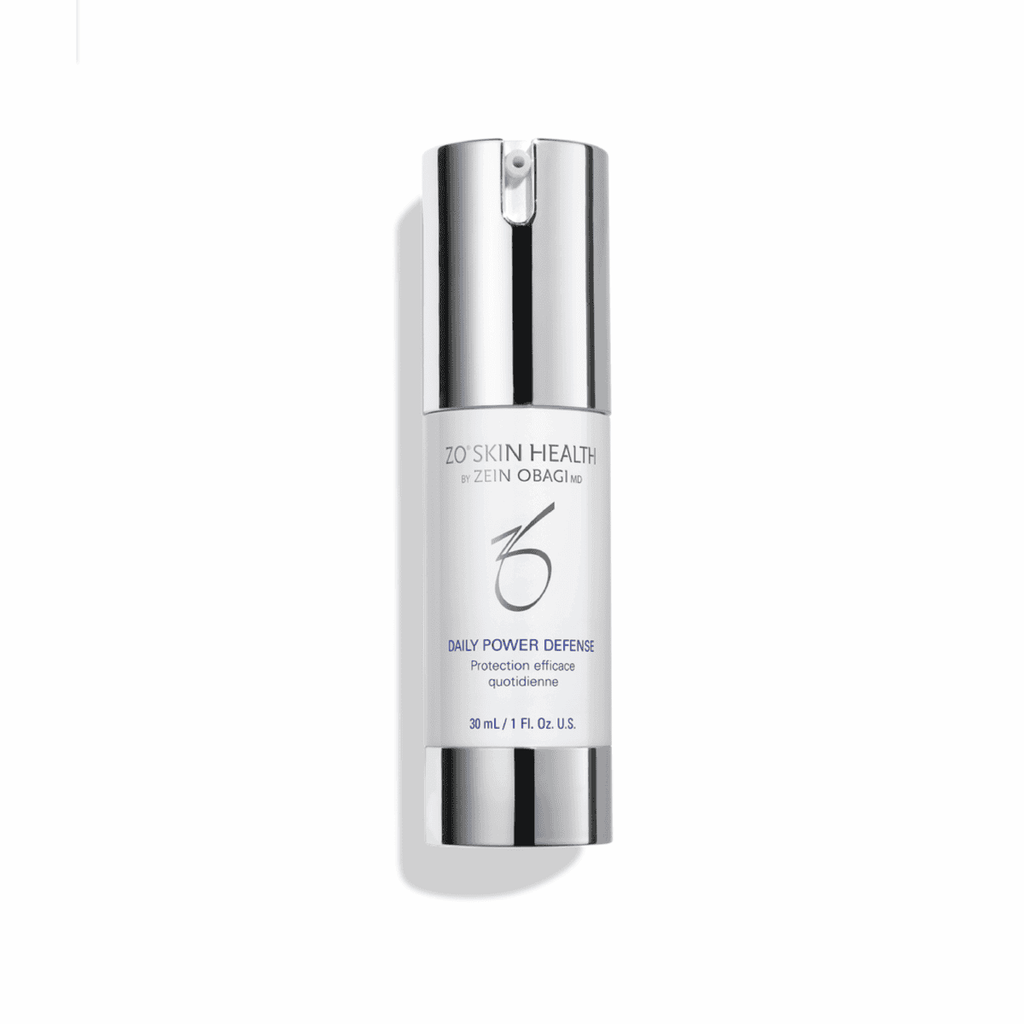 Skin care serum in a sleek white bottle with silver cap, promoting skin health and protection.