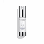 Skin care serum in a sleek white bottle with silver cap, promoting skin health and protection.