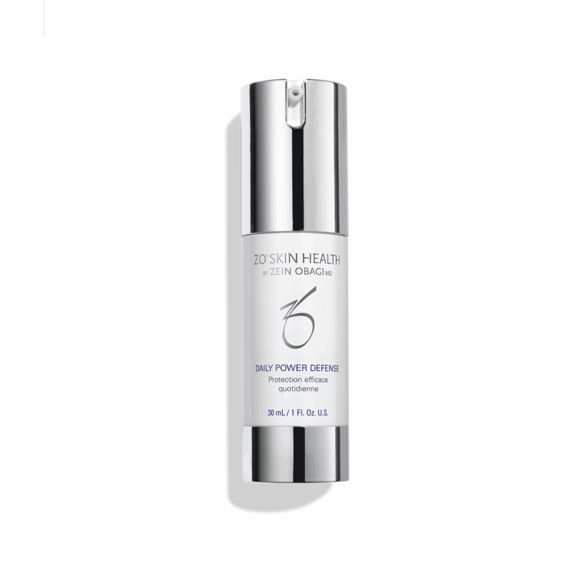 Skin care serum in a sleek white bottle with silver cap, promoting skin health and protection.