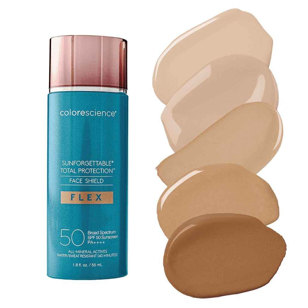 Colorescience Sun Protection Face Shield SPF 50 with beige swatches, broad spectrum sunscreen for he.
