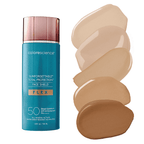 Colorescience Sun Protection Face Shield SPF 50 with beige swatches, broad spectrum sunscreen for he.